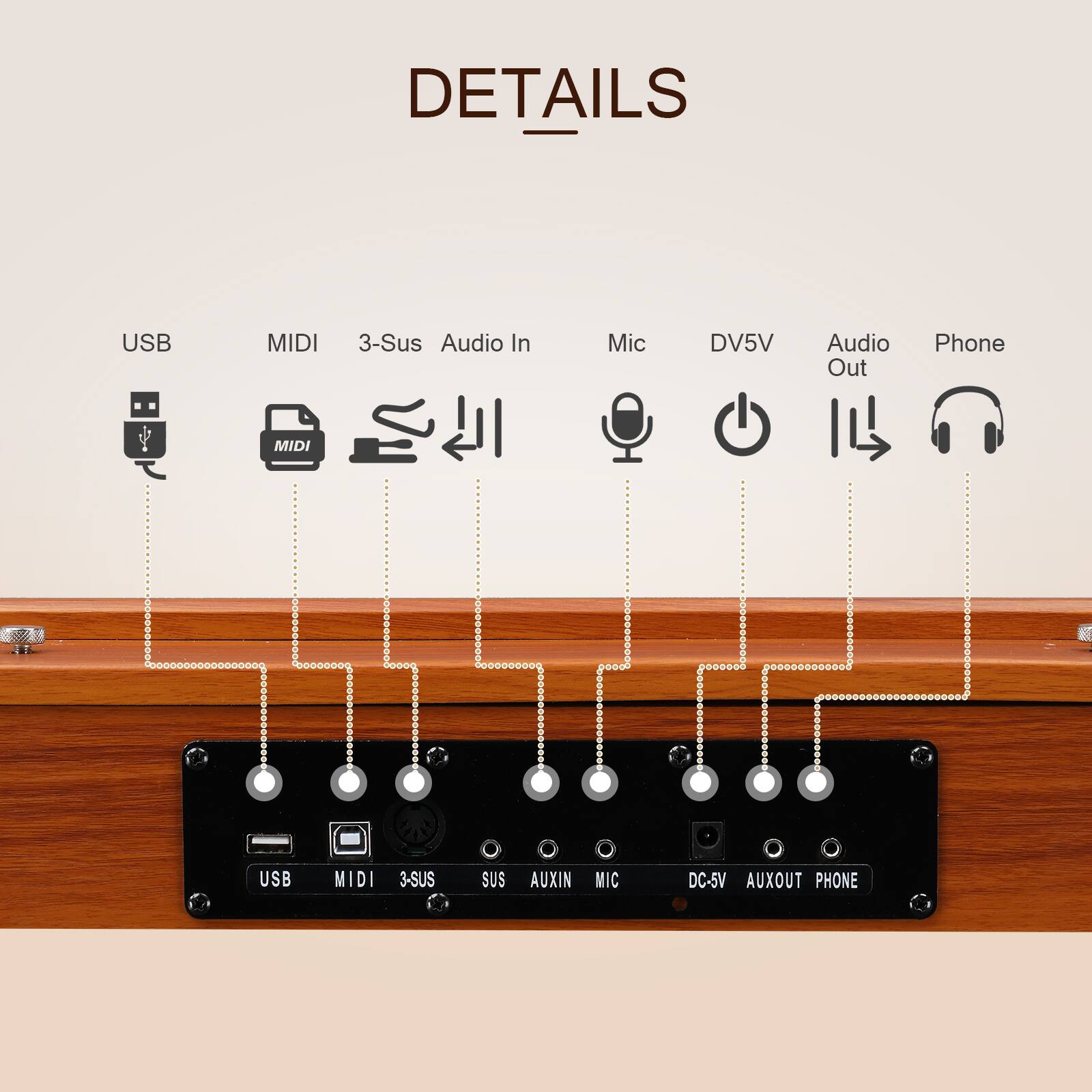 DETAILS

USB MIDI 3-Sus Audio In Mic DV5V Audio Out Phone MIDI USB MIDI 3-SUS SUS AUXIN MIC DC-5V AUXOUT PHONE