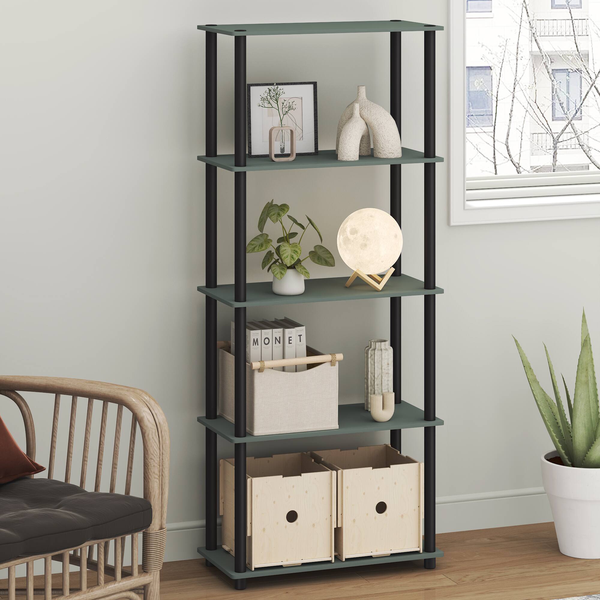 Alt View 1. Furinno - TURN-N-TUBE Storage Shelves, 5-Tier Book Shelf, Corner Shelf, Toolless Open Shelves - Sage Green/Black.