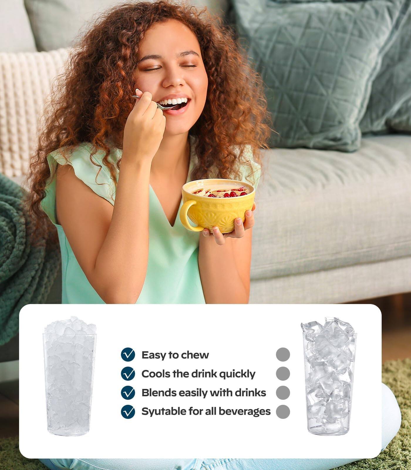 - Easy to chew
- Cools the drink quickly
- Blends easily with drinks
- Suitable for all beverages