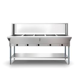 Koolmore - Five Pan Open Well Electric Steam Table with Undershelf and Sneeze-Guard, 240V, KM-OWS-5SG - Silver