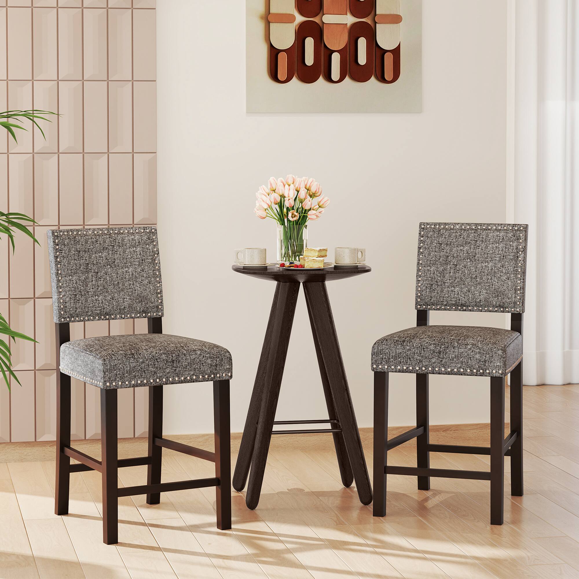 Alt View 1. Costway - Upholstered Bar Stools Set of 2 26” Counter Height Chairs with Padded Backrest & Seat - Gray.