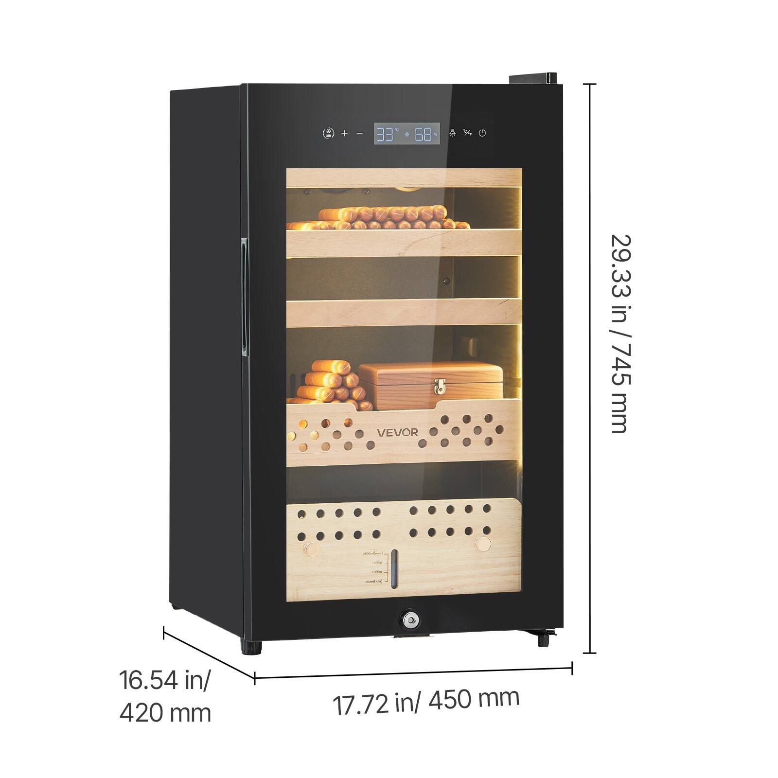 - Height: 29.33 in / 745 mm
- Width: 17.72 in / 450 mm
- Depth: 16.54 in / 420 mm