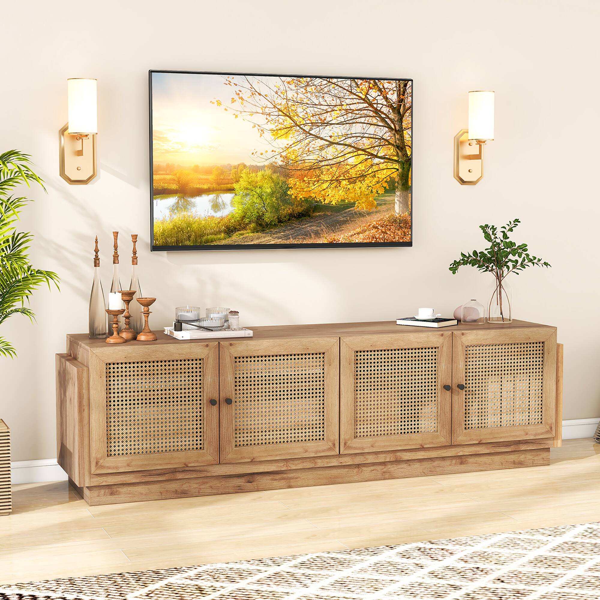 Alt View 1. Gymax - 4-Door PE Rattan Media Console Table Farmhouse TV Stand for TVs up to 75'' Oak - Oak.