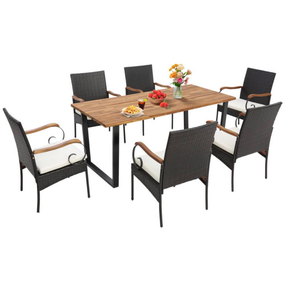 Front. Mondawe - 7 Pieces Rattan Patio Dining Set with Umbrella Hole - Mix Brown.