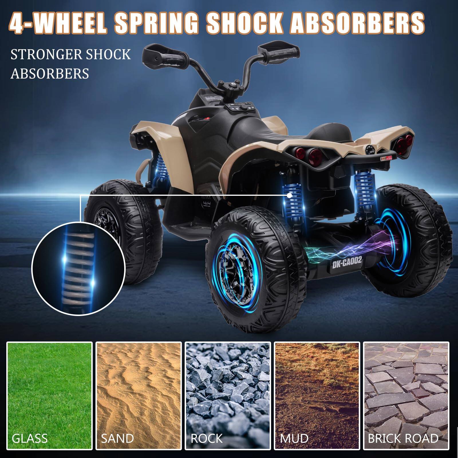 4-WHEEL SPRING SHOCK ABSORBERS  
STRONGER SHOCK ABSORBERS  

GLASS  
SAND  
ROCK  
MUD  
BRICK ROAD