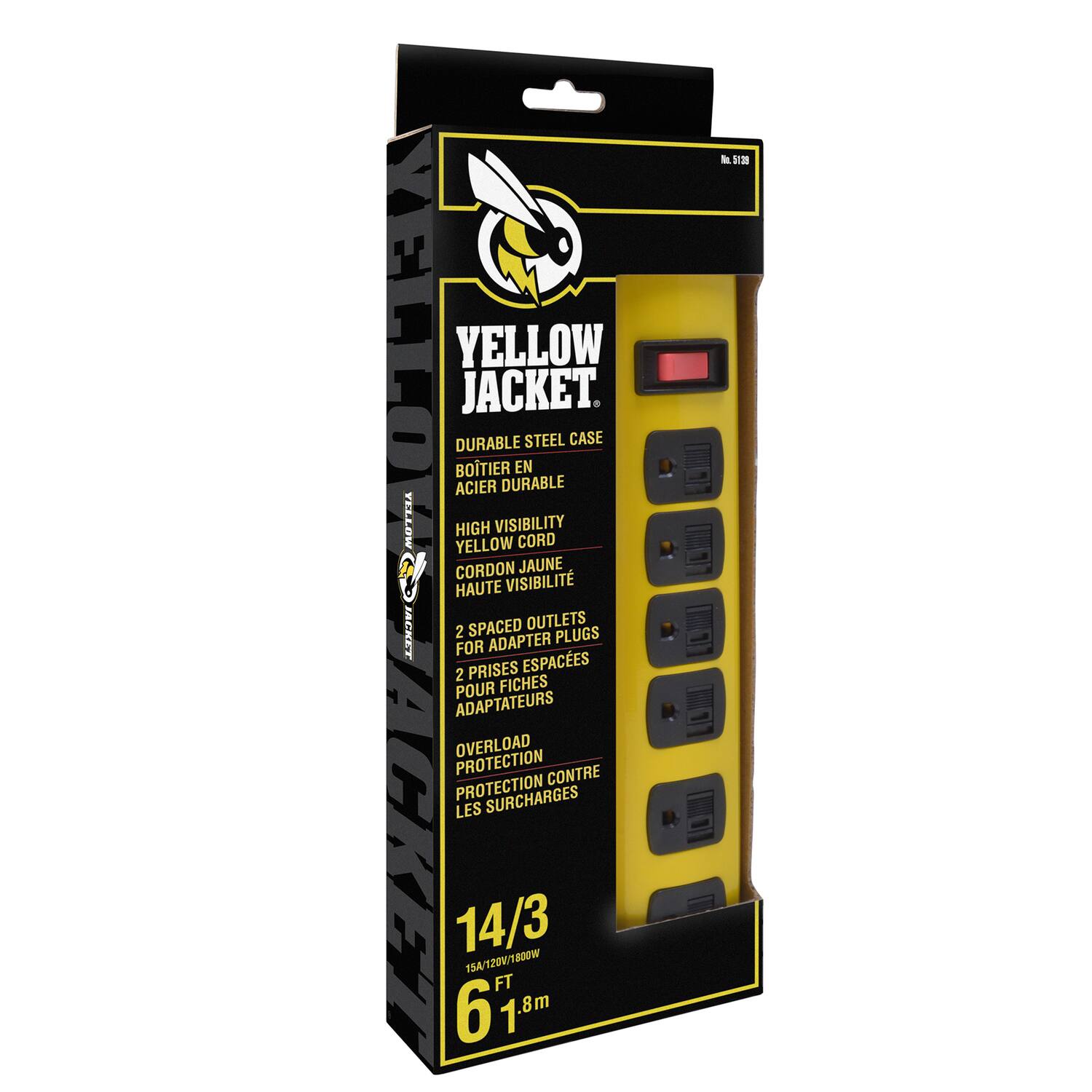 YELLOW JACKET  
DURABLE STEEL CASE  
BOTIER EN ACIER DURABLE  
HIGH VISIBILITY YELLOW CORD  
CORDON JAUNE HAUTE VISIBILITÉ  
2 SPACED OUTLETS FOR ADAPTER PLUGS  
2 PRISES ESPACÉES POUR FICHES ADAPTATEURS  
OVERLOAD PROTECTION  
PROTECTION CONTRE LES SURCHARGES  
14/3 15A/120V/1800W  
6 FT 1.8m