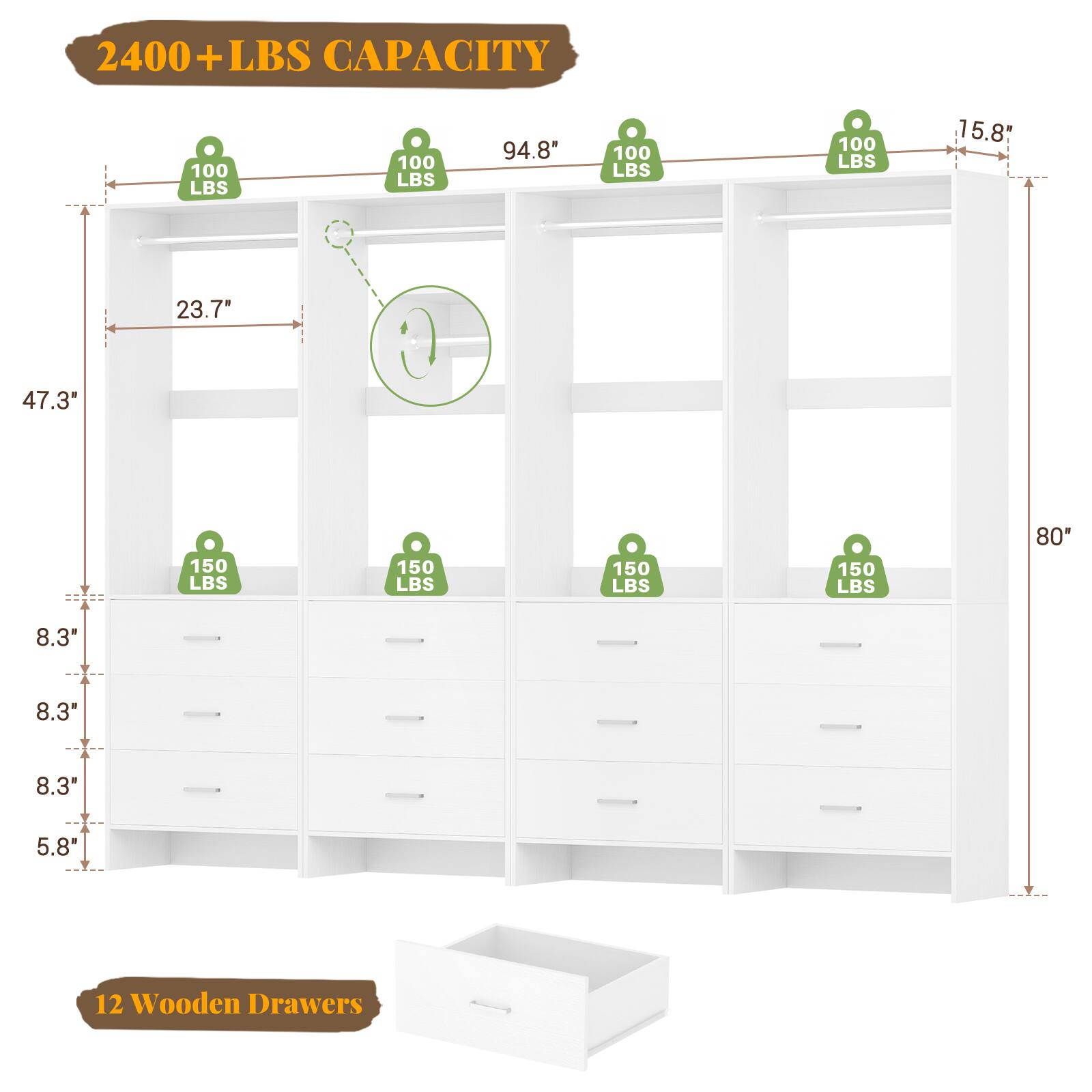 2400+ LBS CAPACITY

100 LBS
100 LBS
100 LBS
100 LBS
15.8"
23.7"
47.3"
150 LBS
150 LBS
150 LBS
150 LBS
80"
8.3"
8.3"
8.3"
5.8"
12 Wooden Drawers