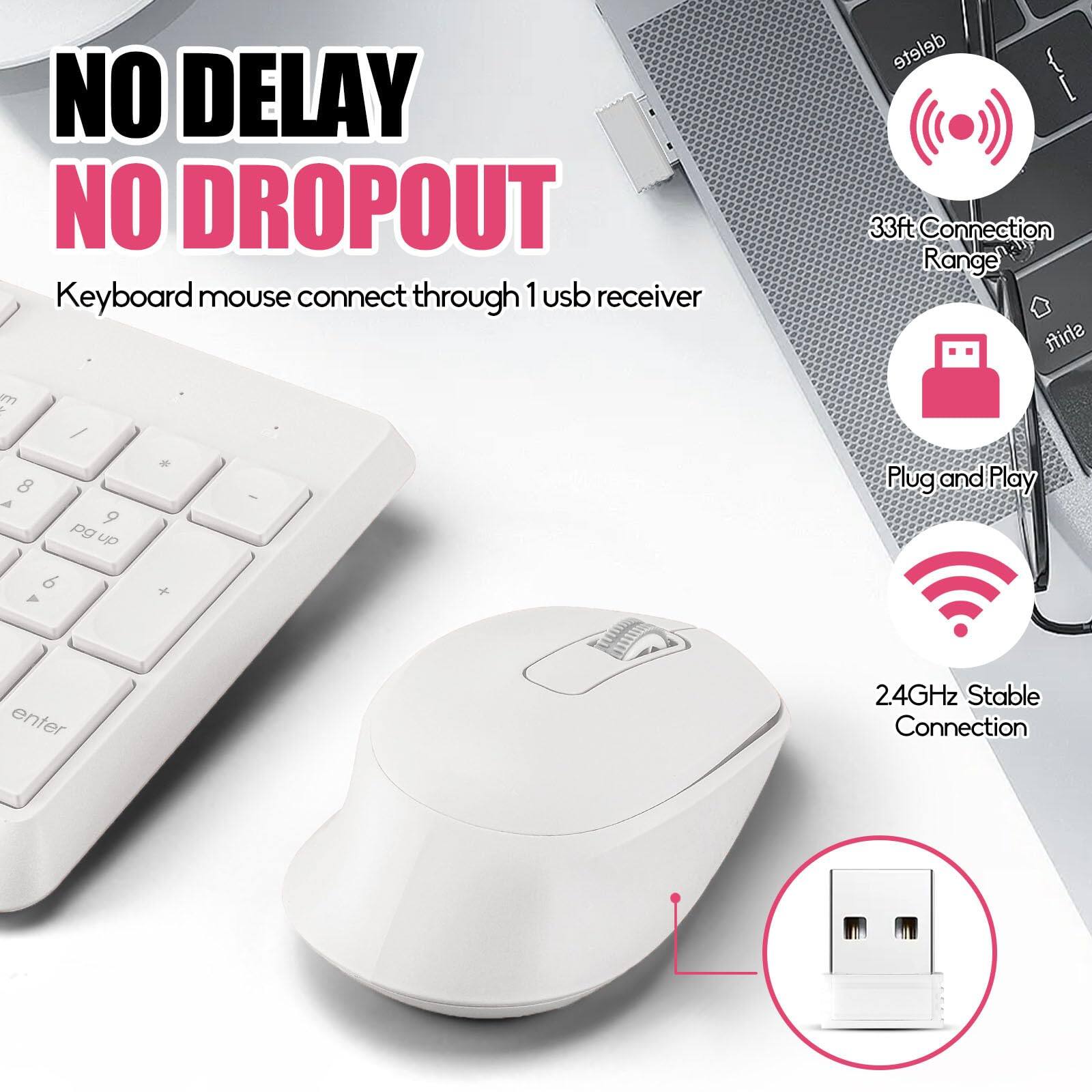 NO DELAY  
NO DROPOUT  

Keyboard mouse connect through 1 usb receiver  

33ft Connection Range  

Plug and Play  

24GHz Stable Connection