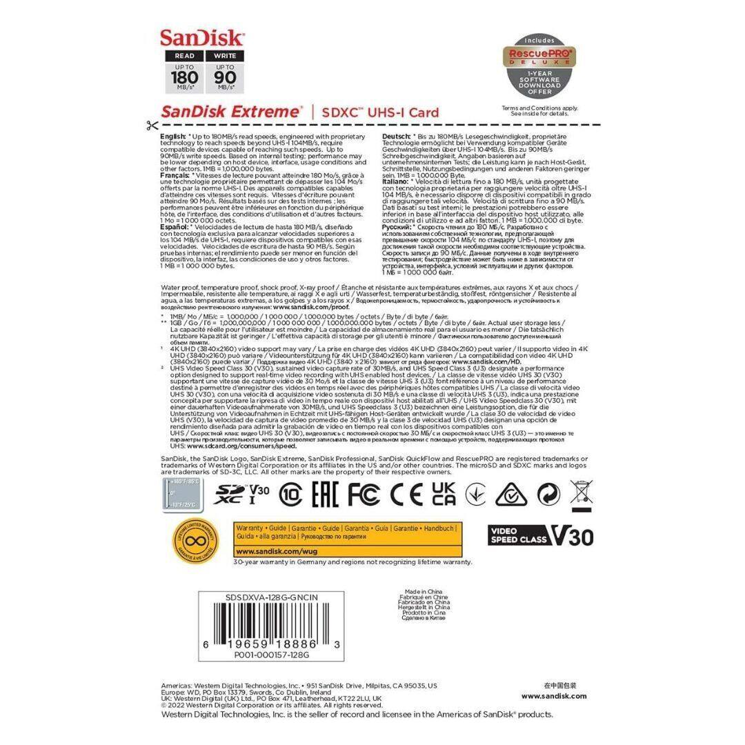 SanDisk WRITE RescuePRO 180 90 SanDisk Extreme SDXC UHS-I Card

READ: UP TO 180 MB/s
WRITE: UP TO 90 MB/s

SanDisk Extreme SDXC UHS-I Card

English: "Up to 180MB/s read speeds, engineered with proprietary technology to reach speeds based on UHS-I 104MB/s, require 90MB/s write speeds. Based on internal testing; performance may vary due to host device and other factors. MB = 1,000,000 bytes. 1 MB = 1,000,000 bytes. 1 GB = 1,000,000,000 bytes. 1 TB = 1,000,000,000,000 bytes. Actual user storage less. / Leistung: Bis zu 180 MB/s Lesegeschwindigkeit, entwickelt mit proprietärer Technologie, die auf UHS-I 104 MB/s basiert, erfordert 90 MB/s Schreibgeschwindigkeit. Basierend auf internen Tests; Leistung kann