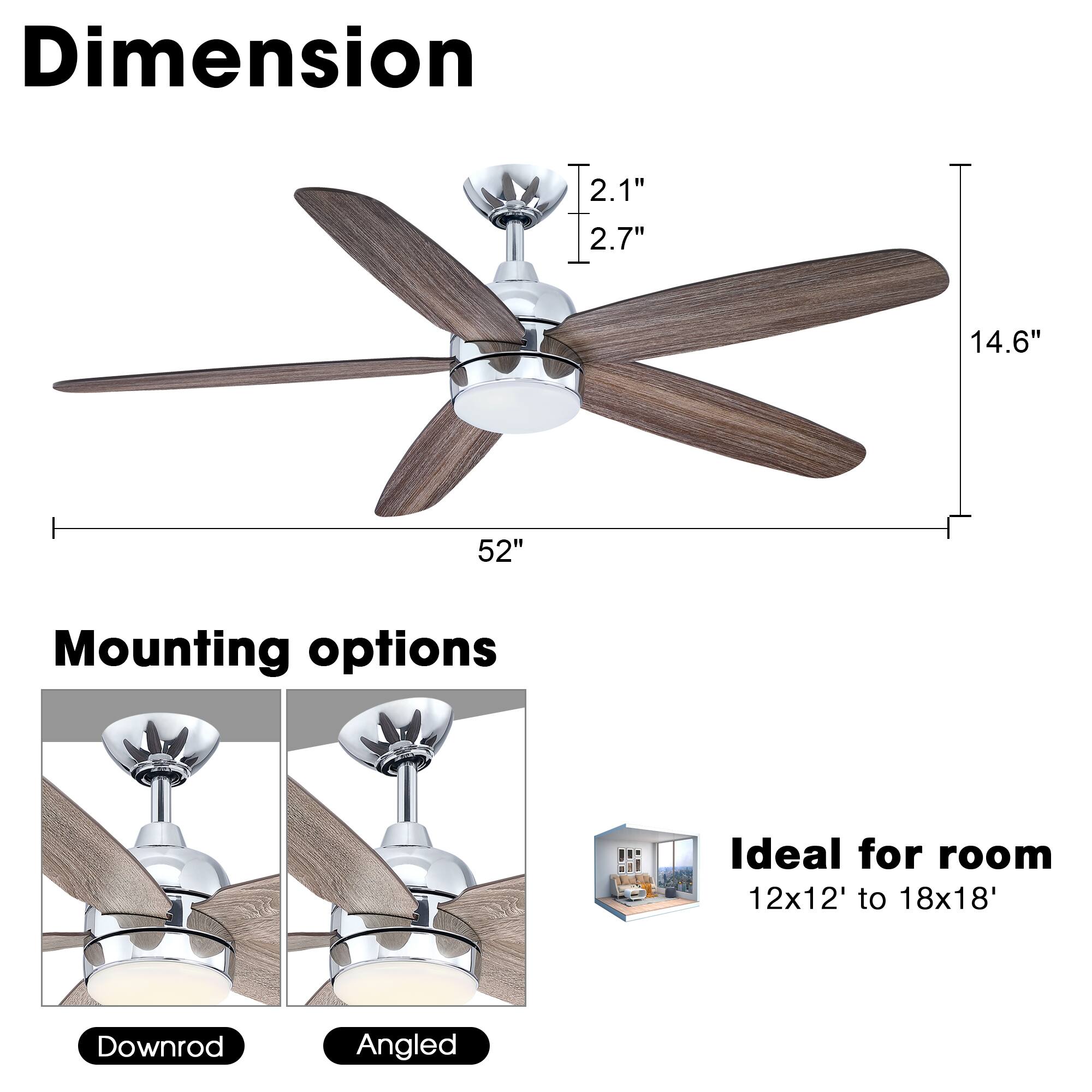 **Dimension**  
- 52"  
- 14.6"  
- 2.7"  
- 2.1"  

**Mounting options**  
- Downrod  
- Angled  

**Ideal for room**  
- 12x12' to 18x18'