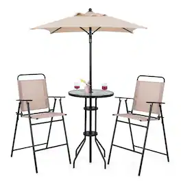 Costway - 4PCS Patio Bistro Set Folding Counter Height Chairs Round Bar Table& Umbrella - Beige / Black