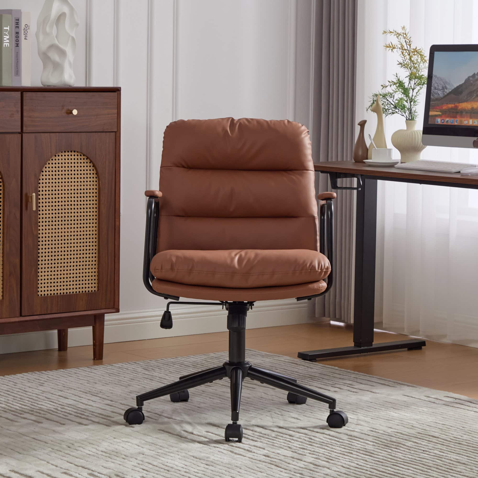 Forest'nSky - Ergonomic Mid-Back Office Chair - PU Leather Desk Chair with 40° Recline & Wheels - Brown