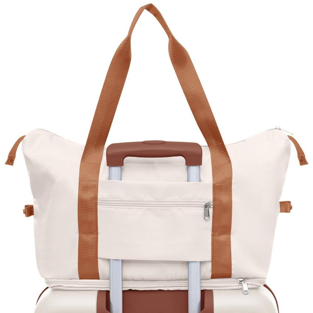 Angle. BreeBe - 4 Piece Luggage Set, Expandable ABS Durable Suitcases with Travel Bag, Carry On Set with 360° Spinner Wheels - Ivory.