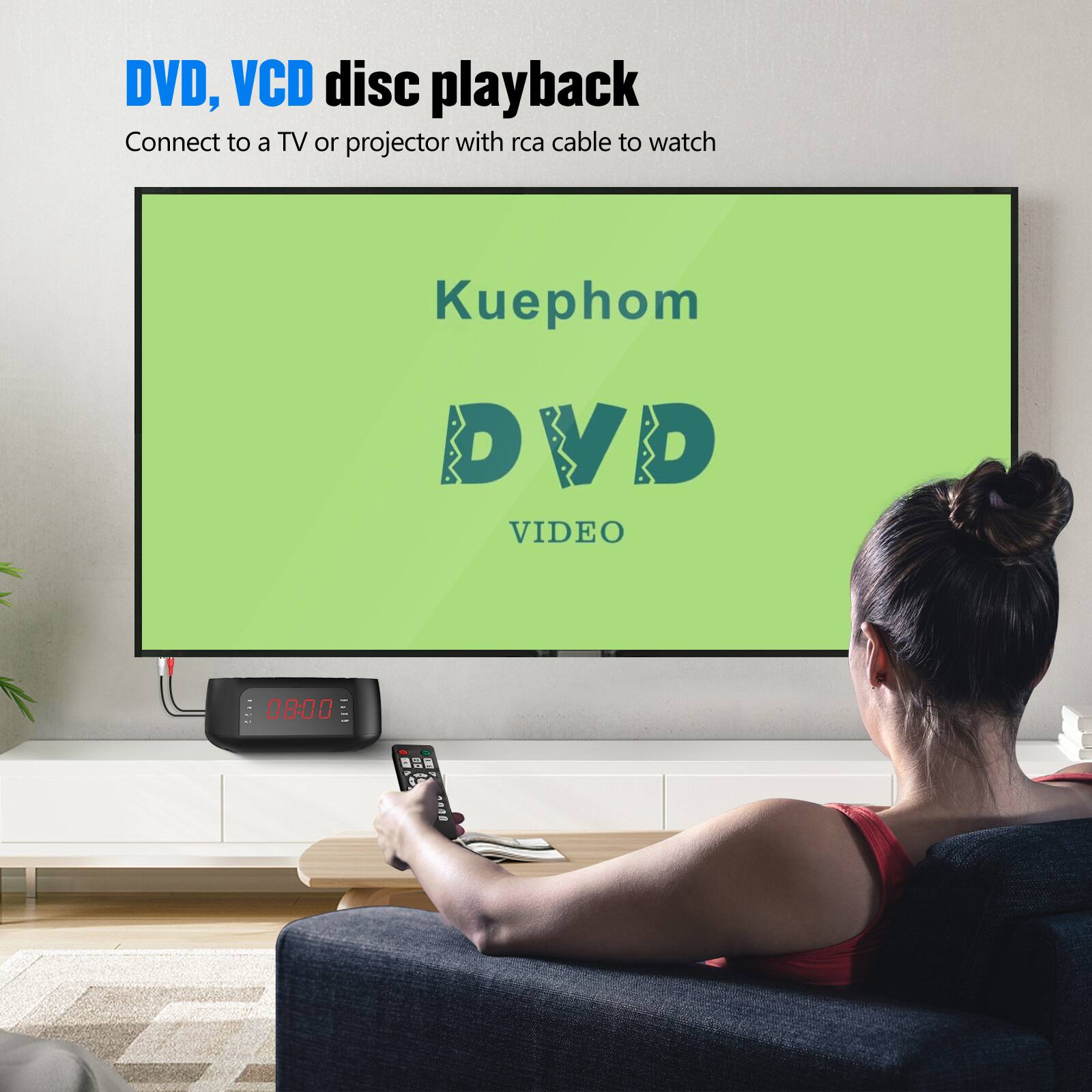 DVD, VCD disc playback  
Connect to a TV or projector with rca cable to watch  

Kuephom  
DVD VIDEO