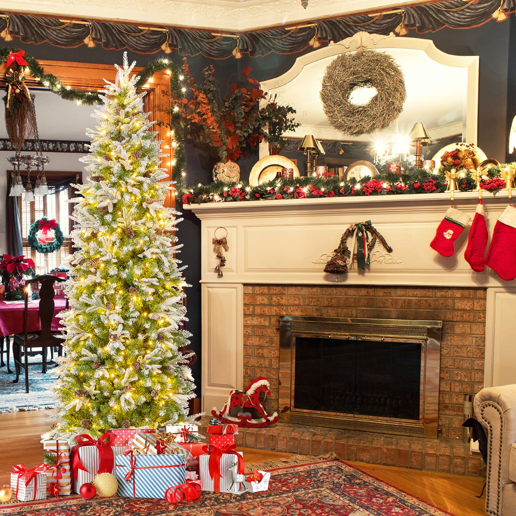 Alt View 4. Gymax - Gymax 7.5 FT Pre-Lit Artificial Christmas Tree Snow Flocked Hinged Xmas Tree - Green, White.