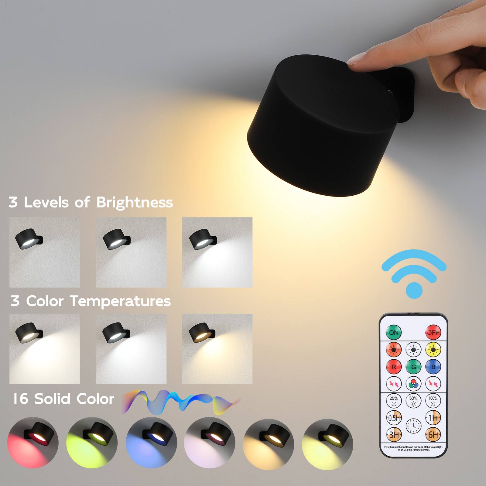 3 Levels of Brightness  
3 Color Temperatures  
ON  
OFF  
R  
G  
B  
16 Solid Color  
0.5H  
1H  
3H  
6H  

Find the button on the back of the light, then use the remote control.