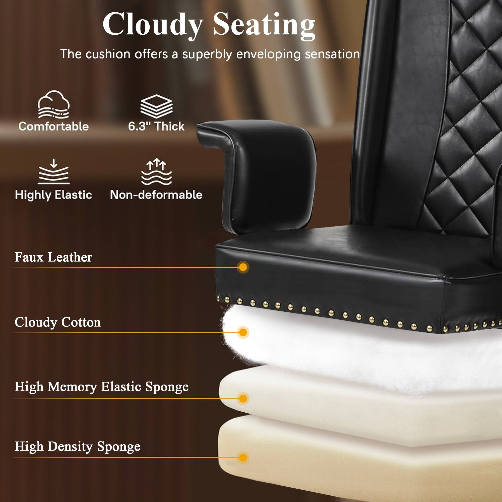 Cloudy Seating  
The cushion offers a superbly enveloping sensation

- Comfortable
- 6.3" Thick
- Highly Elastic
- Non-deformable
- Faux Leather
- Cloudy Cotton
- High Memory Elastic Sponge
- High Density Sponge