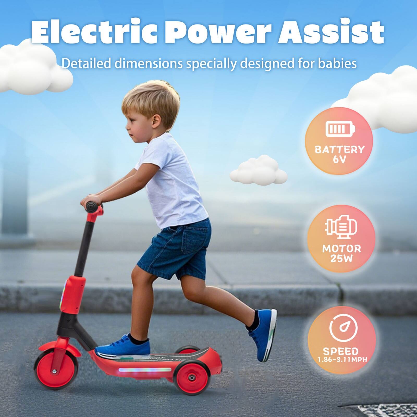 Electric Power Assist  
Detailed dimensions specially designed for babies  

BATTERY 6V  
MOTOR 25W  
SPEED 1.86-3.11MPH