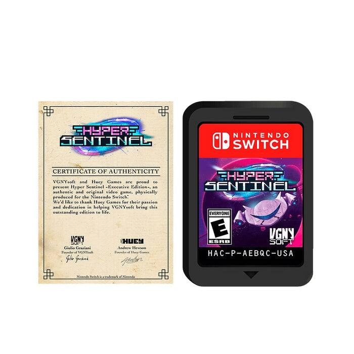 HYPER SENTINEL  
NINTENDO SWITCH  
CERTIFICATE OF AUTHENTICITY  

VGNYsoft and Huey Games are proud to present Hyper Sentinel Executive Edition, an authentic and original video game, physically produced for the Nintendo Switch. We'd like to thank Huey Games for their passion and dedication in helping VGNYsoft bring this outstanding edition to life.  

VGNY  
Gielio Graziani  
Founder of VGNYsoft  

Huey  
Andrew Hewson  
Founder of Huey Games  

HYPER SENTINEL  
EVERYONE  
VGNY  
ESRB  
SOFT  
HAC-P-AEBQC-USA  

Nintendo Switch is a trademark of Nintendo.