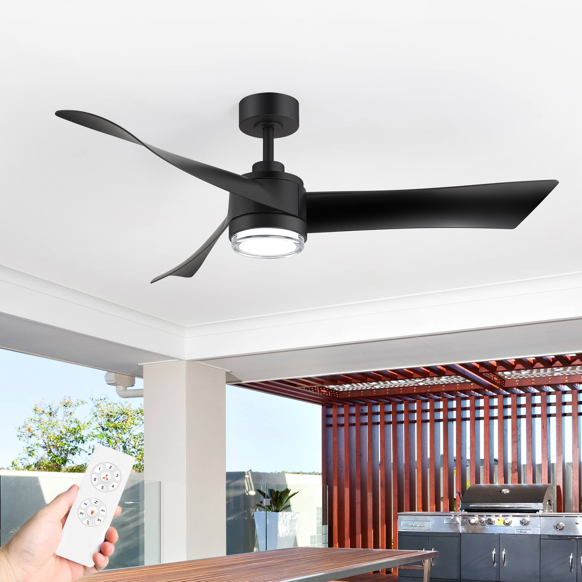 Back. Breezary - 54-Inch Modern LED Ceiling Fan with Remote, Dual-layer acrylic shade, 3 ABS Blades, 6-Speed DC Motor, Reversible & Timer - black.