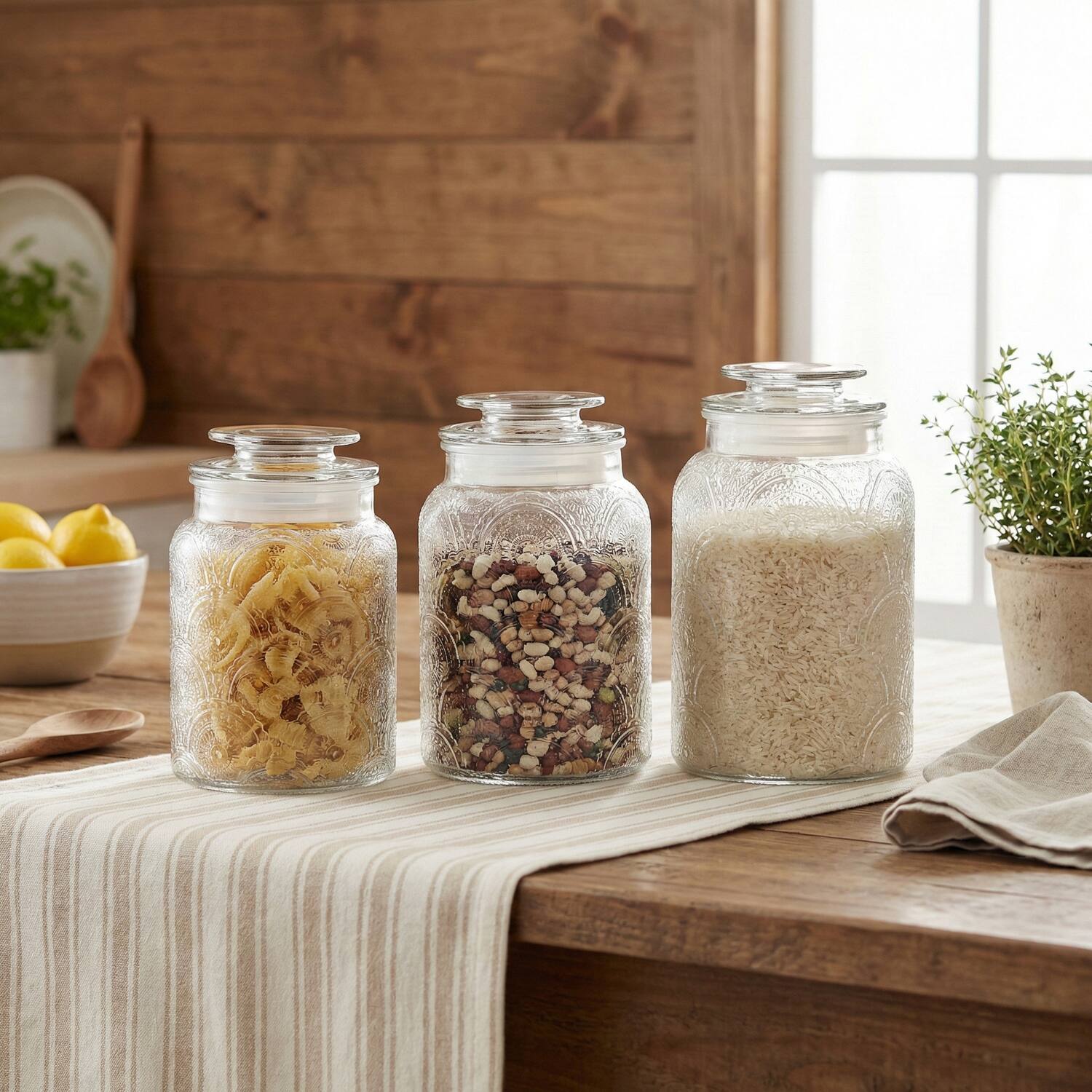 Left. Style Setter - Canister Set 3-Piece Glass Jars in 34oz, 44oz & 54oz Retro Design.