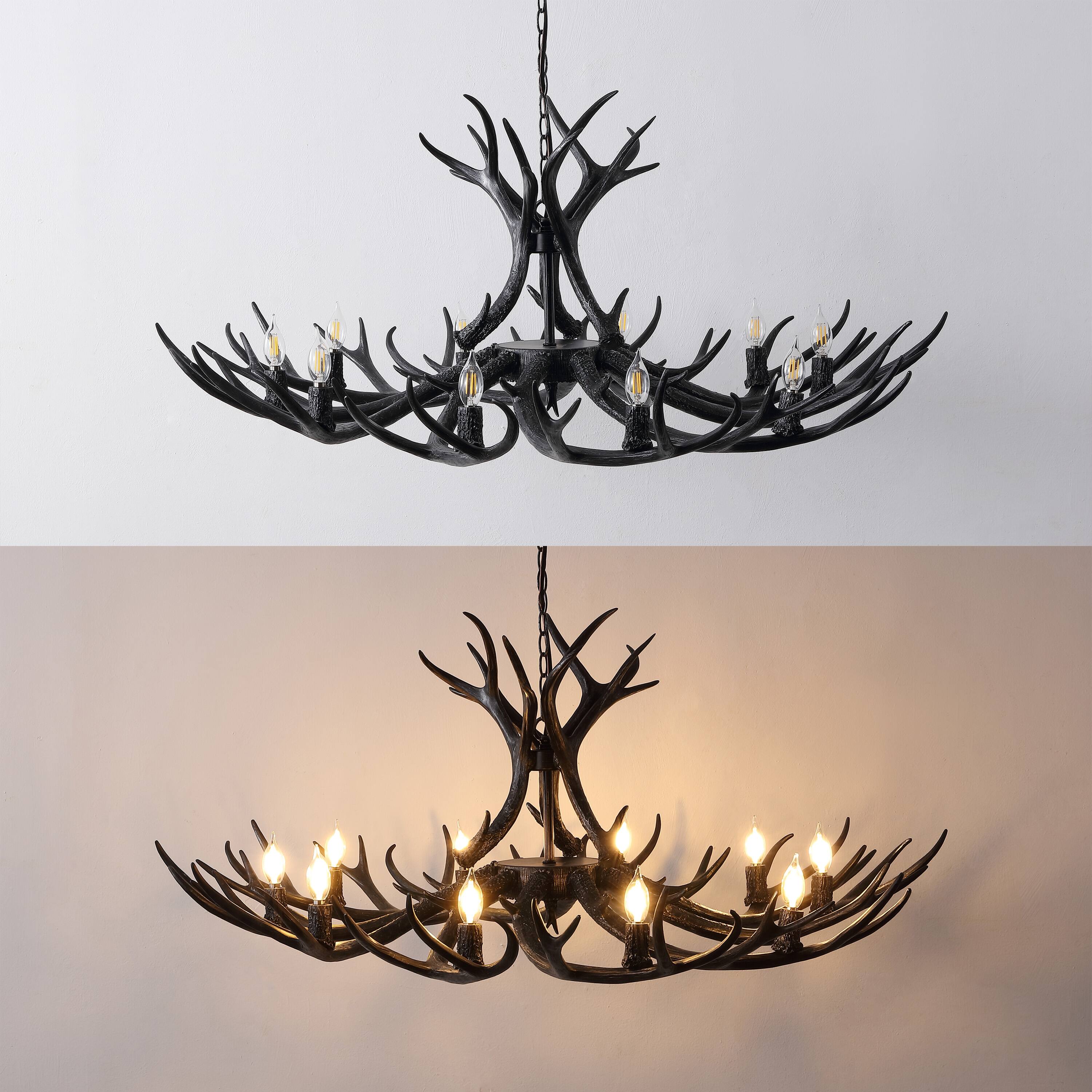 Alt View 3. Jonathan Y - Eldora 49" 10-Light Rustic Farmhouse Adjustable Resin Antler LED Chandelier, Black - Black.