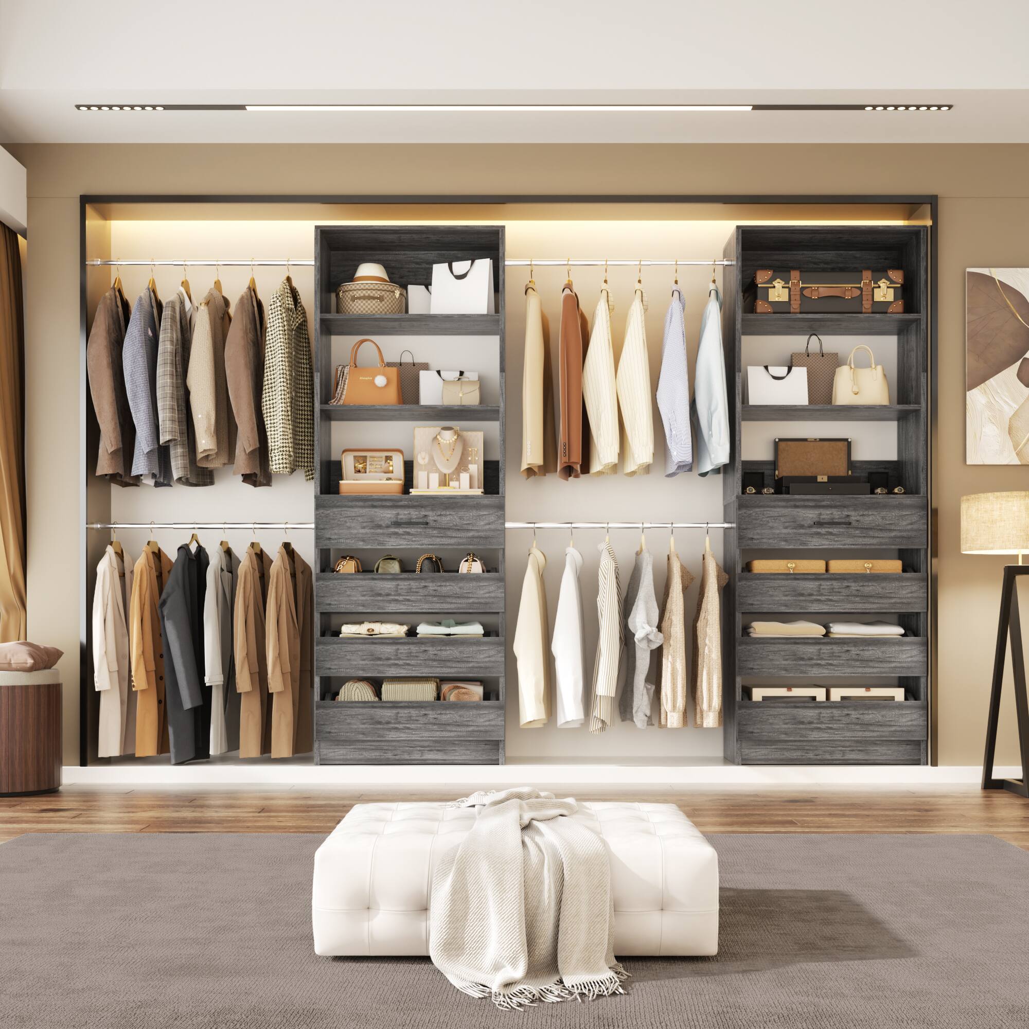 Back. Aheaplus - 6-15Ft Wood Walk-in Closet Organizer: 8 Drawers, 4 Hanging Rods & Tower - Gray Oak.