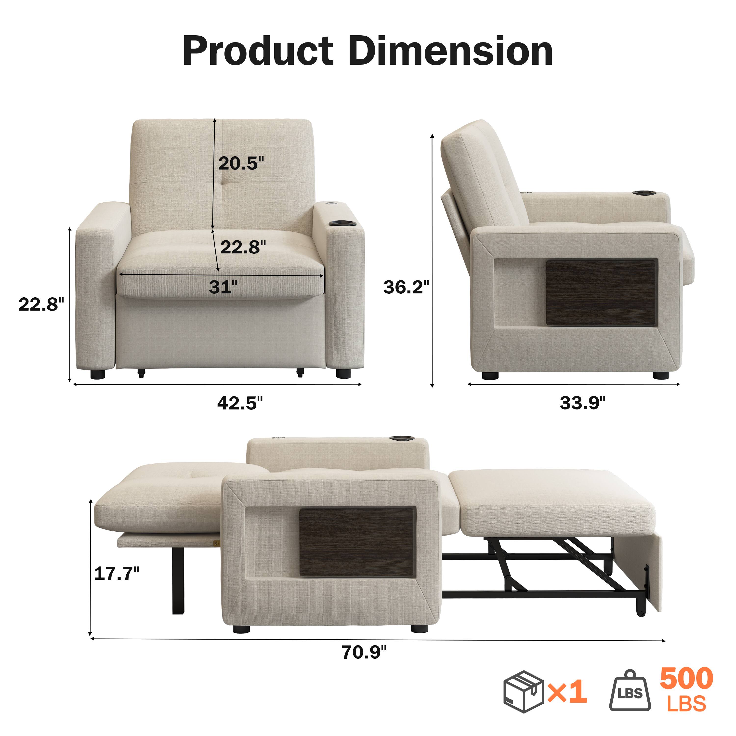 Product Dimension  
20.5" 22.8" 22.8" 31" 36.2" 42.5" 33.9" 17.7" 70.9"  
x1  
500 LBS