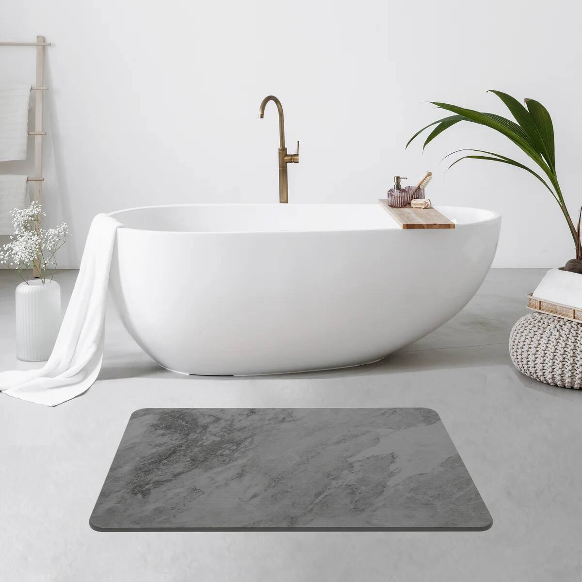 Back. J&V TEXTILES - 24'' x 15'' Diatomaceous Quick-Drying Stone Bath Mat - GREY MARBLE.