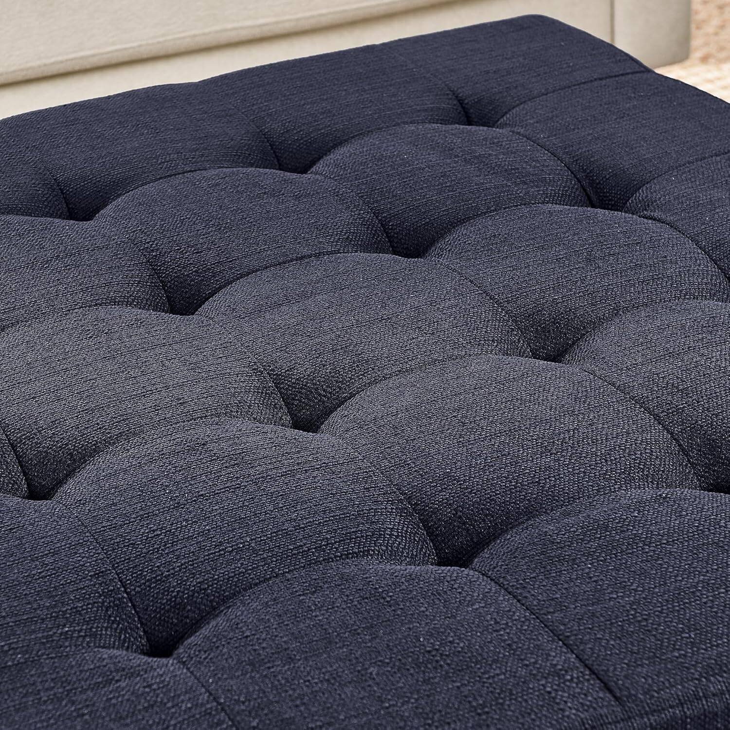 Alt View 4. Trinkets Crazed - Large Square Upholstered Tufted Linen Ottoman Coffee Table, Large Footrest Ottoman with Solid Wood Shelf - Navy Blue .