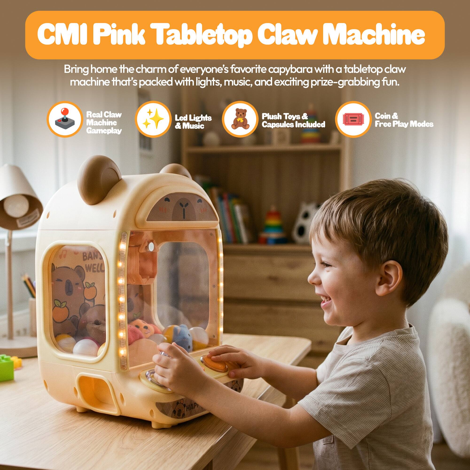 CMI Pink Tabletop Claw Machine

Bring home the charm of everyone's favorite capybara with a tabletop claw machine that's packed with lights, music, and exciting prize-grabbing fun.

- Real Claw Machine Gameplay
- Led Lights & Music
- Plush Toys & Capsules Included
- Coin & Free Play Modes

BAN WELL