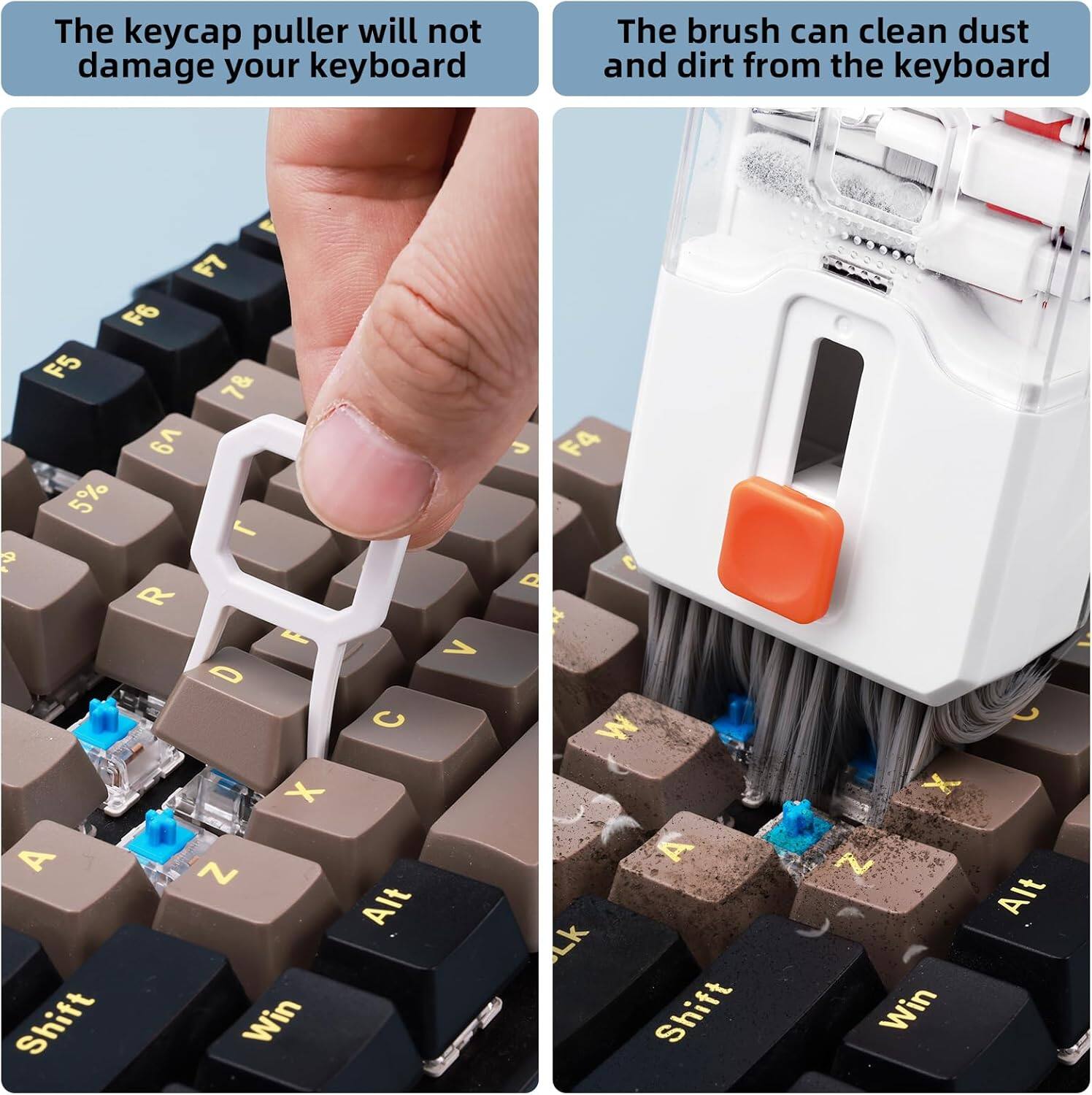 The keycap puller will not damage your keyboard.

The brush can clean dust and dirt from the keyboard.