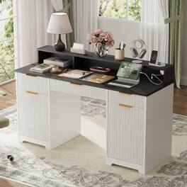 Loheer - Executive Office Desk with Power Outlets and Monitor Stand, Writing Desk with Keyboard Drawer and File Cabinets - White