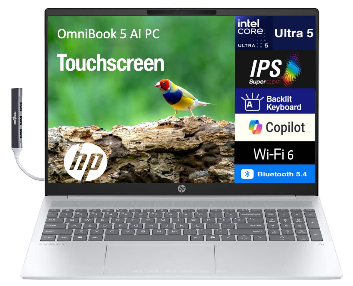 HP - OmniBook 5 Laptop 16.0 WUXGA (Intel Ultra 5-225U, 16GB LPDDR5X, 1TB PCIe SSD, Win 11 Pro) w/USB Hub - Glacier Silver
