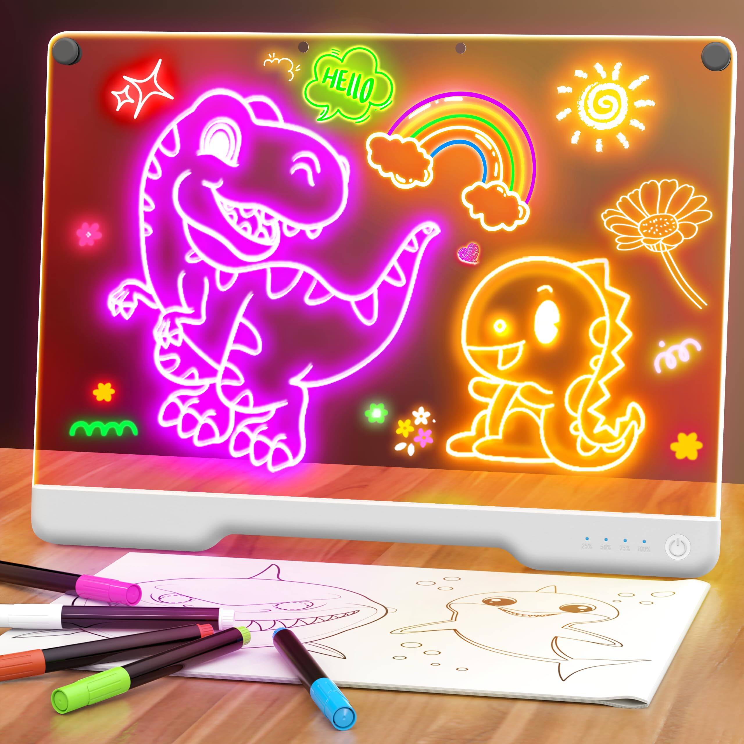 EZTW1 - 16-inch Rechargeable Doodle Glow Led Note Board 7-color Light Modes Neon Art Dry Erase Up Drawing Pad With Built-in - White