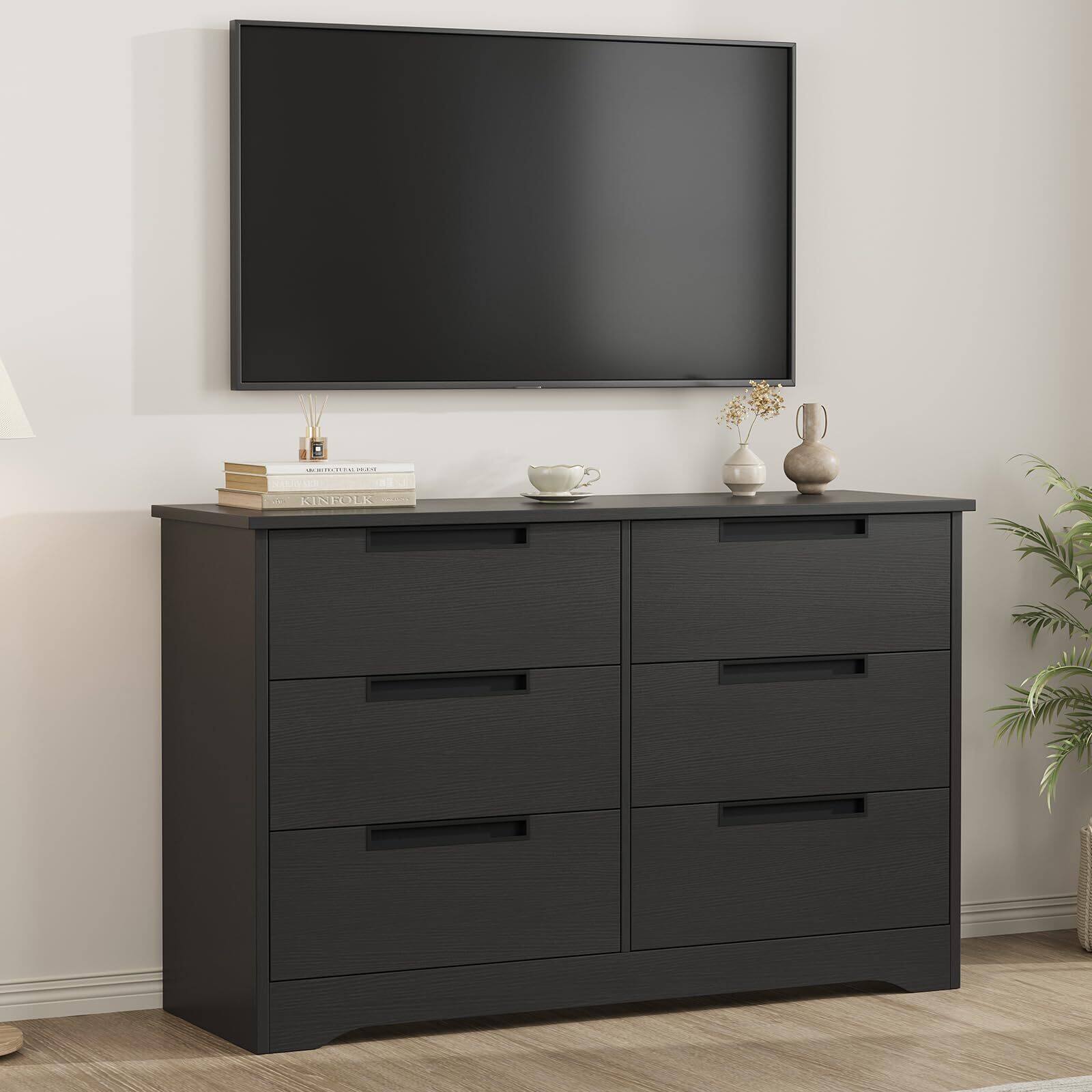 Alt View 3. Acekool - 6 Drawer Dresser for Bedroom, Natural Modern Double Dresser Organizer with Embedded Handles Design - Black.