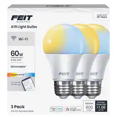 FEIT ELECTRIC A19 Light Bulbs Lasts over 20 Years Wi-Fi 60w Replacement 8.8w LED Dimmable* Tunable White FEIT ELECTRIC Control with the Feit App. 3 Pack A19 E26 Standard Base works with Alexa and Google Home Estimated Brightness Energy Cost 800 lumens $1.06 per year