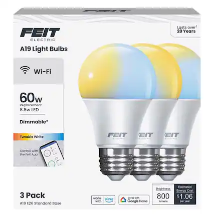 FEIT ELECTRIC A19 Light Bulbs Lasts over 20 Years Wi-Fi 60w Replacement 8.8w LED Dimmable* Tunable White FEIT ELECTRIC Control with the Feit App. 3 Pack A19 E26 Standard Base works with Alexa and Google Home Estimated Brightness Energy Cost 800 lumens $1.06 per year