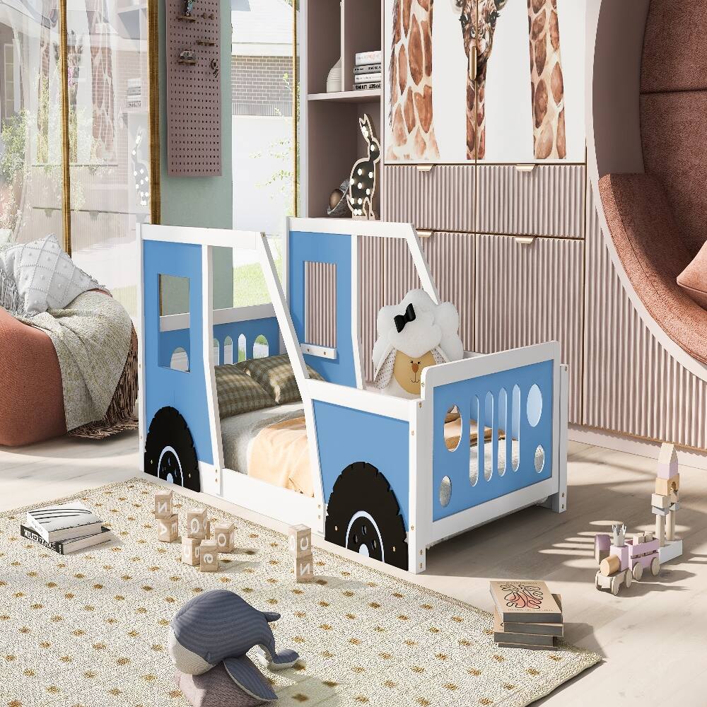 Back. Loheer - Loheer Twin Size Classic Car Shaped Platform Bed with Wheels, Blue Kids Wooden Bed Frame - Blue.