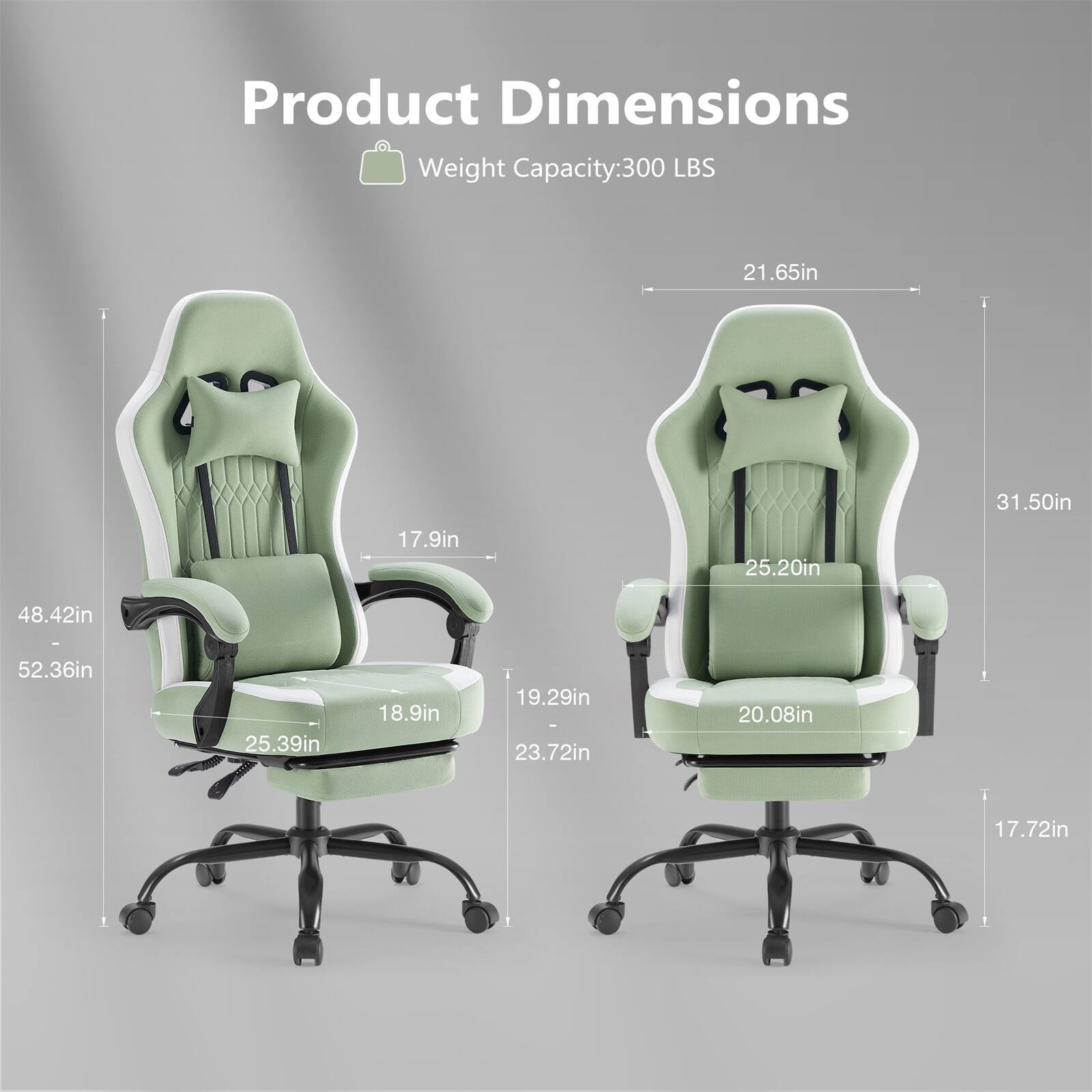 Product Dimensions  
Weight Capacity: 300 LBS  
21.65in  
31.50in  
17.9in  
25.20in  
48.42in - 52.36in  
25.39in  
18.9in  
19.29in - 23.72in  
20.08in  
17.72in