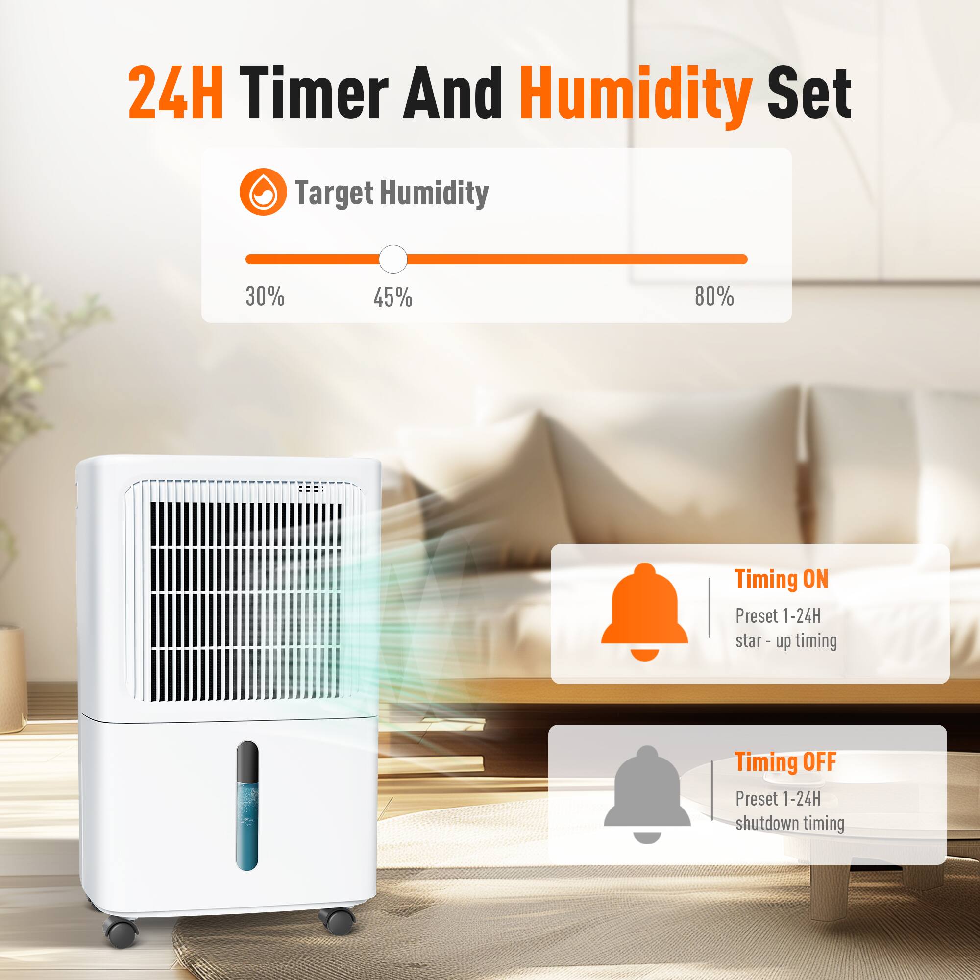 24H Timer And Humidity Set

Target Humidity
30% 45% 80%

Timing ON
Preset 1-24H start-up timing

Timing OFF
Preset 1-24H shutdown timing