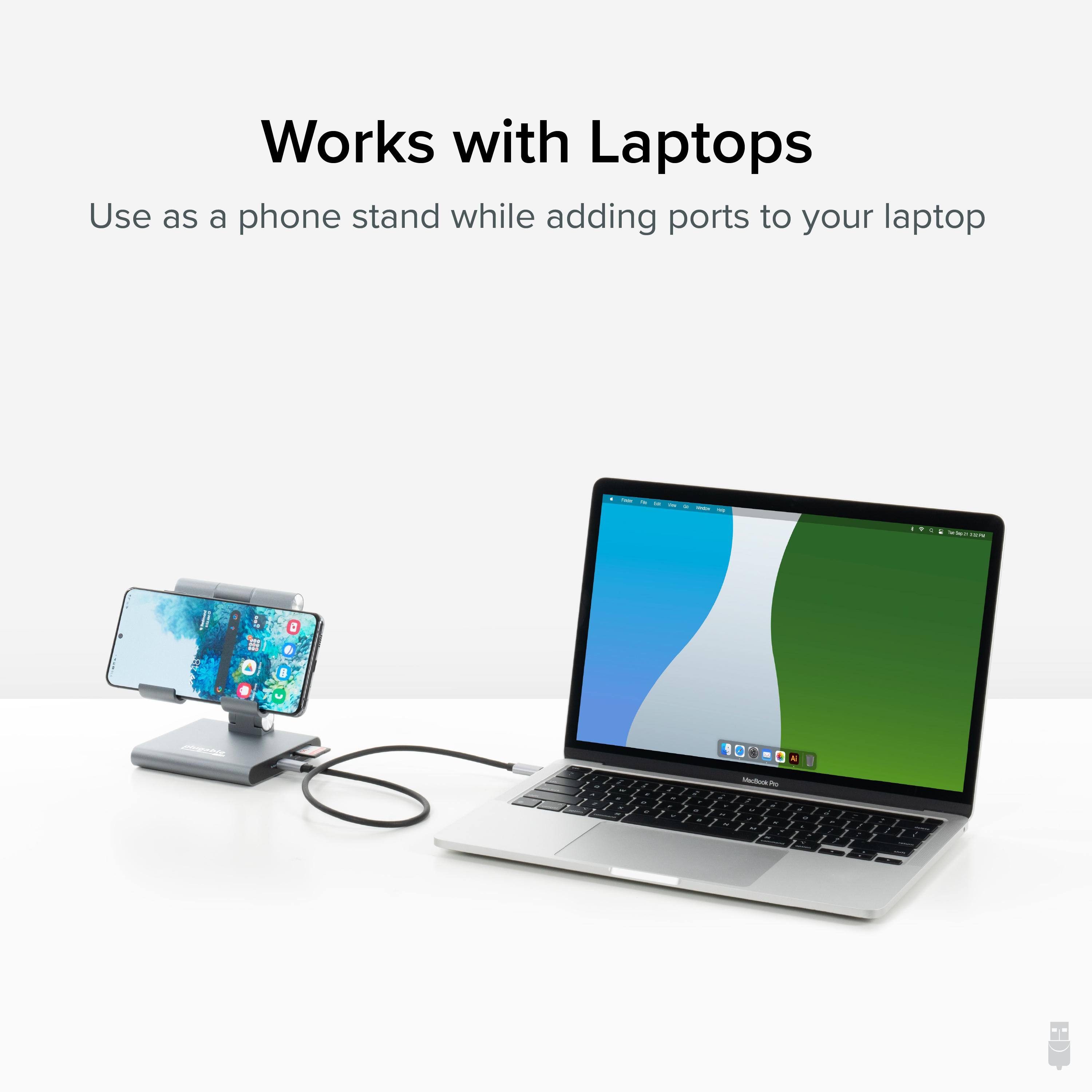 Works with Laptops
Use as a phone stand while adding ports to your laptop