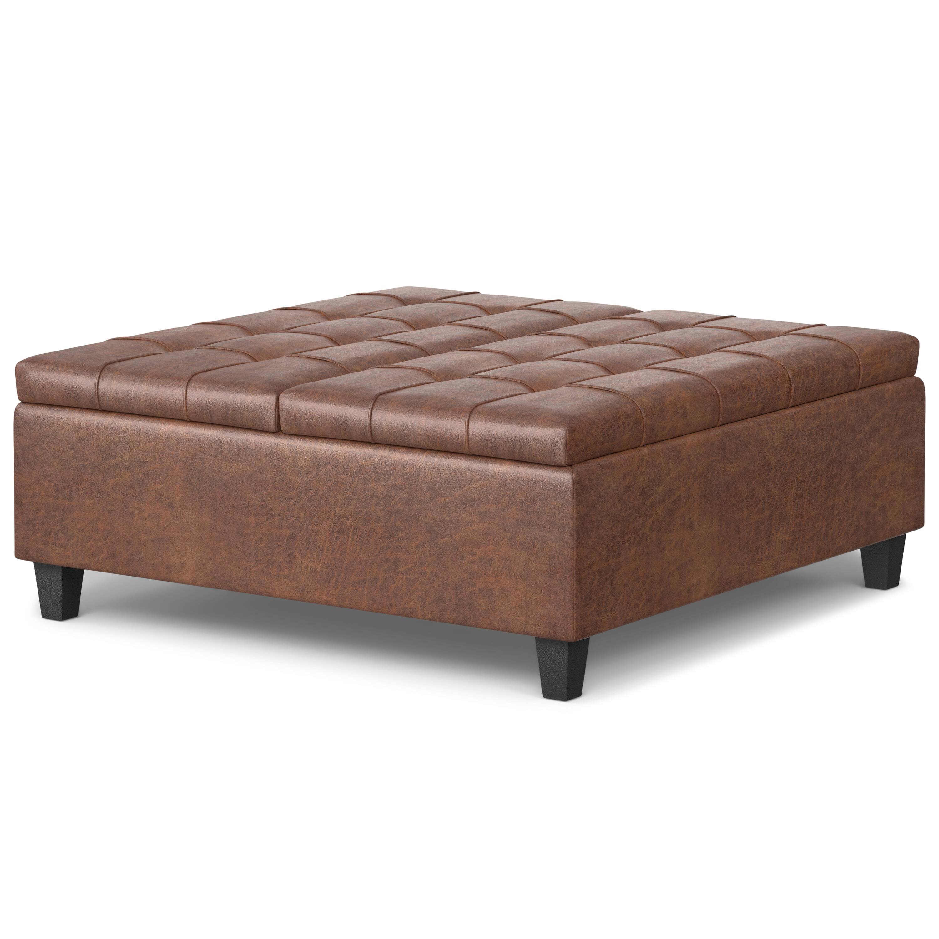 Angle. Simpli Home - Harrison Large Square Coffee Table Storage Ottoman - Distressed Saddle Brown.