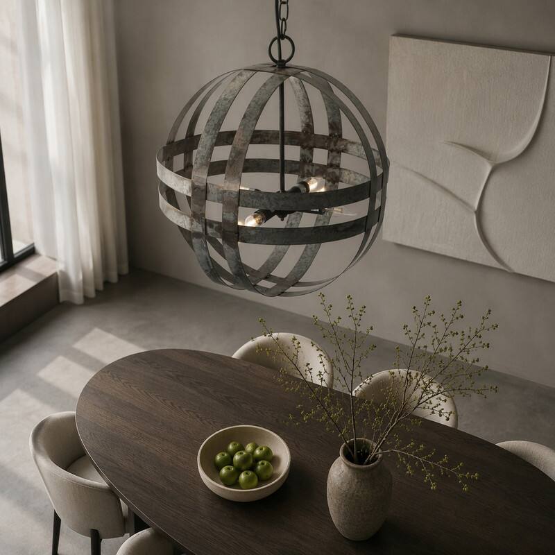 Back. RYHNUYNE - Industrial Globe Pendant Light, 4-Light Metal Cage Chandelier, Farmhouse Hanging Light for Dining Room Kitchen - Gray.