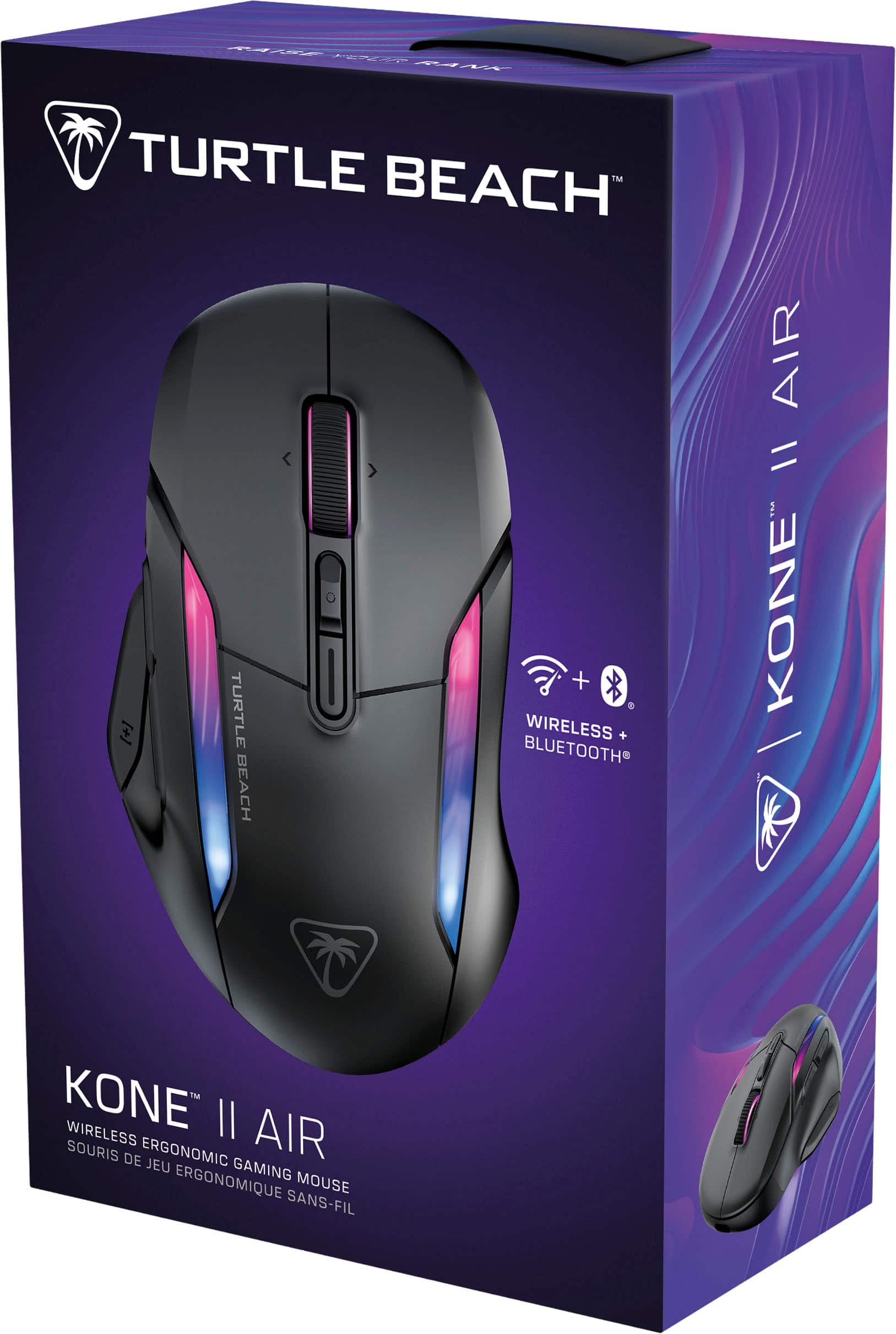 Turtle Beach is a brand of computer mice and headsets. The image shows a box for a Turtle Beach KONE II Air wireless mouse. The mouse is designed for ergonomic gaming and is equipped with Bluetooth technology. The box is purple and features the Turtle Beach logo.