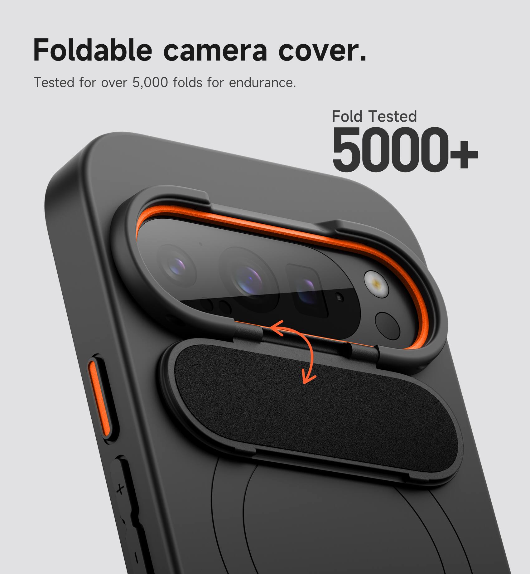 Foldable camera cover.  
Tested for over 5,000 folds for endurance.  
Fold Tested 5000+