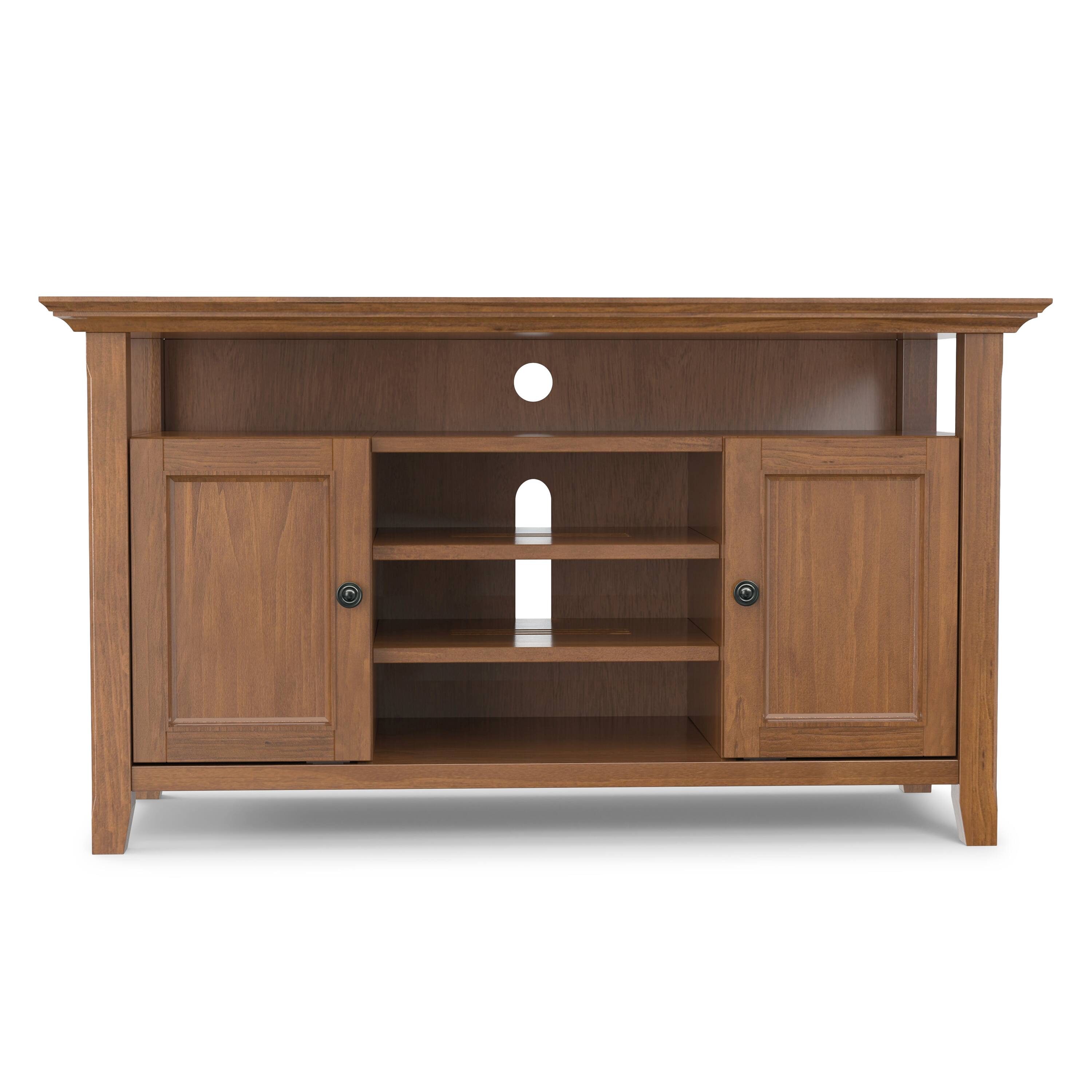 Left. Simpli Home - Amherst 54W TV Stand with Drawers, Doors and Open Top Shelf - Medium Saddle Brown.
