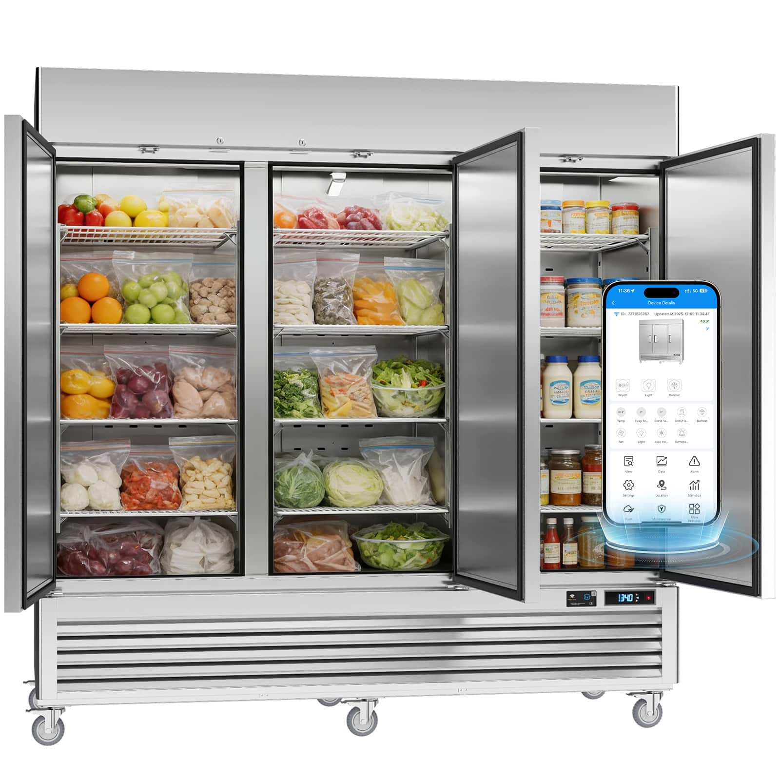 Veecool - 82" 72 cu.ft. WiFi Enabled 3 Solid Doors Commercial Reach-in Refrigerator with 12 Shelves - Stainless Steel