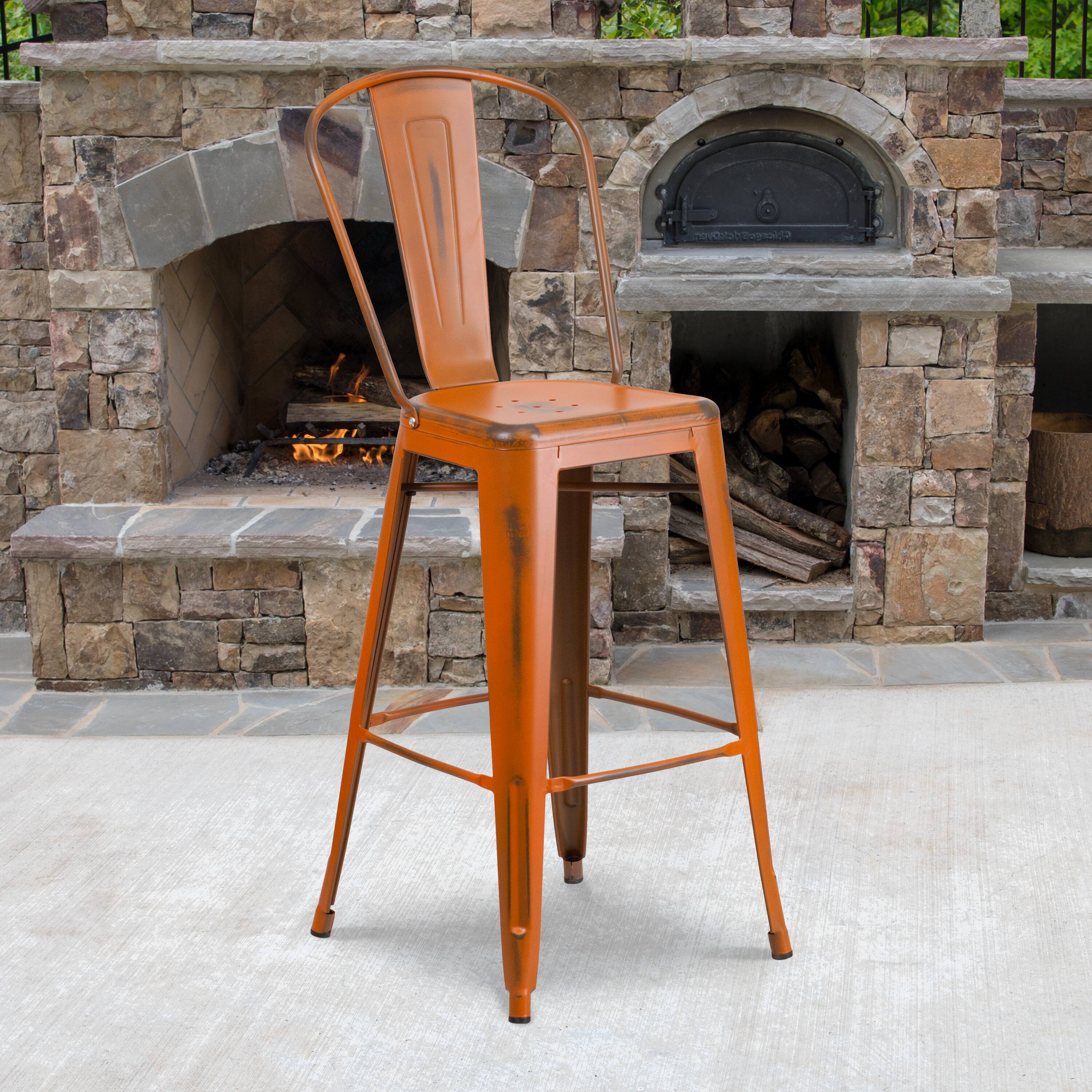 Alt View 2. Emma + Oliver - Commercial Grade 4 Pack 30" High Distressed Metal Indoor-Outdoor Barstool with Back - Orange.