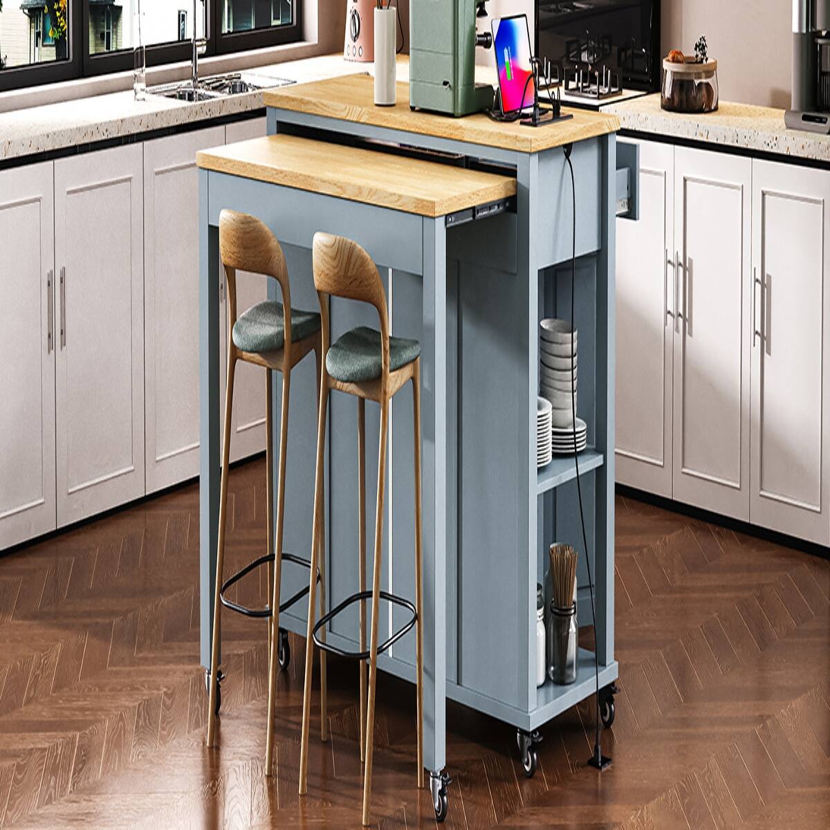 Back. Loheer - 47.2" Kitchen Island with Extendable Dining Table, Rolling Kitchen Island with Storage - Grey Blue.